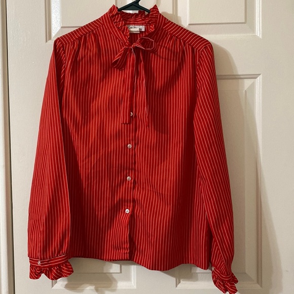 Vintage red & white striped long sleeve button up blouse with tie at collar - Picture 1 of 4